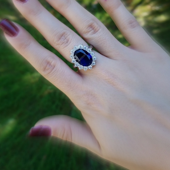 Silver 6 Carat Royal Blue Sapphire Halo Ring - Picture 4 of 5